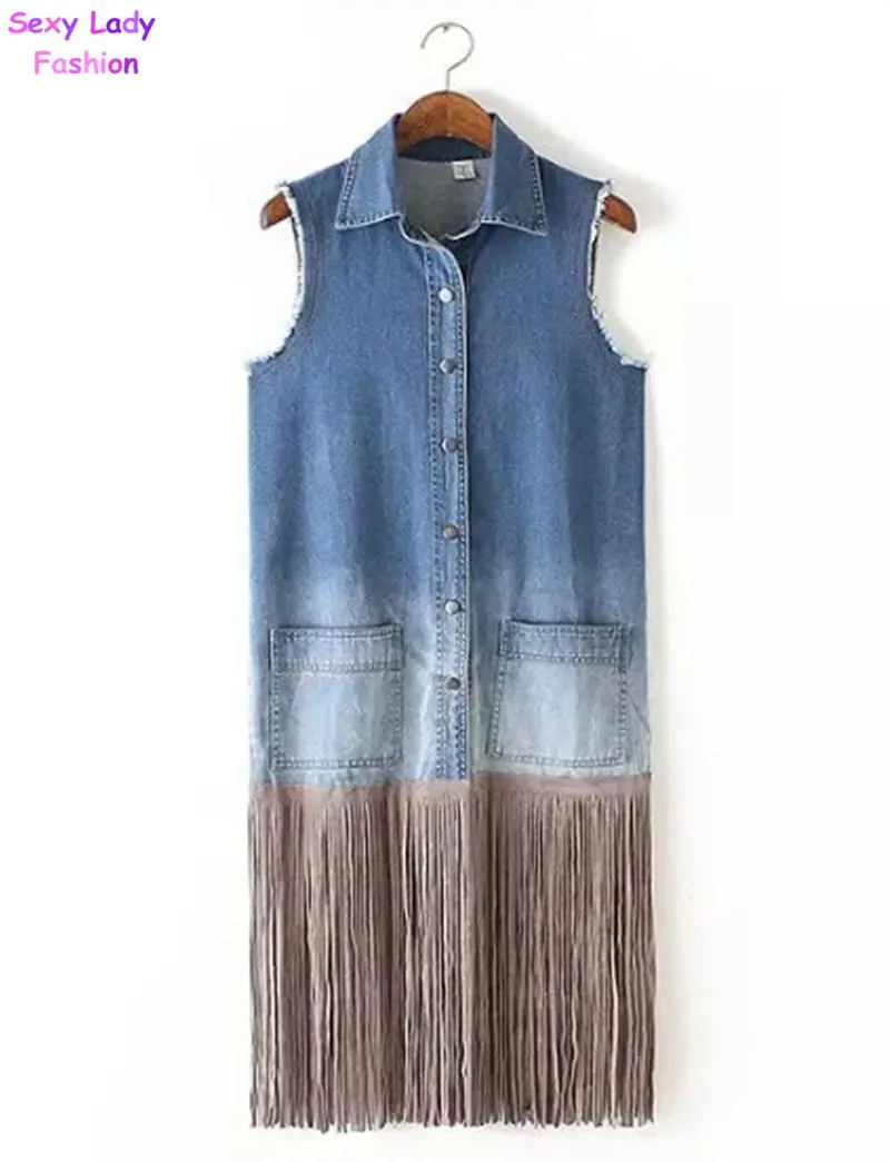 Retro Punk Denim Spliced Tassel Hem Mid Long Vest Women's Gradual Color Pockets Lapel Sleeveless Suit Gilet Waistcoat Tops 1