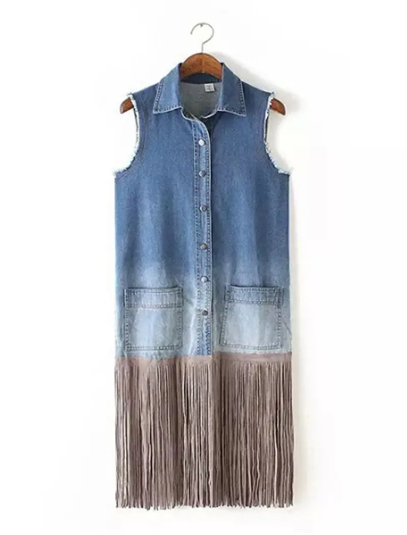 Retro Punk Denim Spliced Tassel Hem Mid Long Vest Women's Gradual Color Pockets Lapel Sleeveless Suit Gilet Waistcoat Tops 2