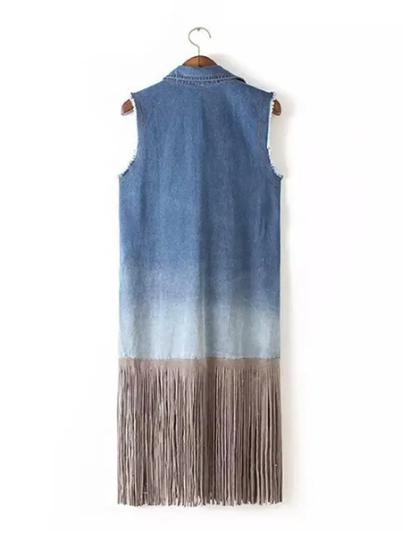 Retro Punk Denim Spliced Tassel Hem Mid Long Vest Women's Gradual Color Pockets Lapel Sleeveless Suit Gilet Waistcoat Tops 3