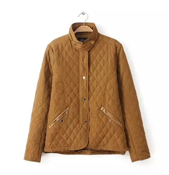 Retro Quilted Quilting Stand Collar Short Parkas Women Drawstring Back Thin Padded Coat Outerwear Tops Femme Khaki Black 6