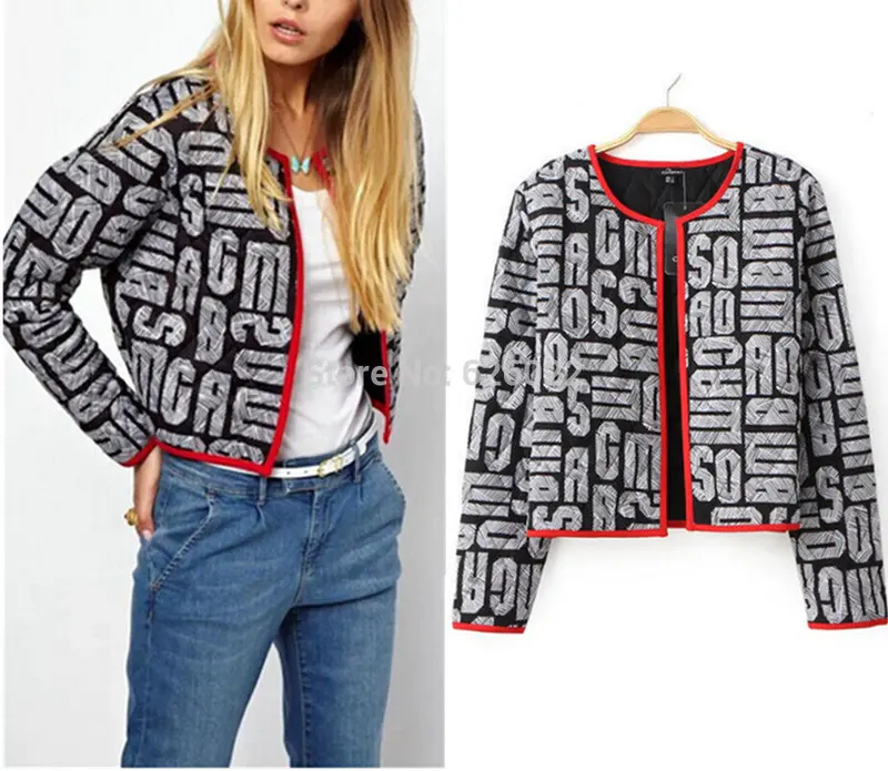 Retro Red Color Package Edge Alphabet Print Short Jacket Quilted Cardigan Thin Padded Coats Outwear Tops 2