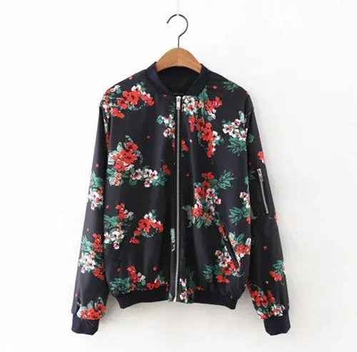 Retro Red Floral Print Jacket Women Contrast Color V Neck Zipper Casual Pilot Bomber Coat Tops Femme Outwear 1