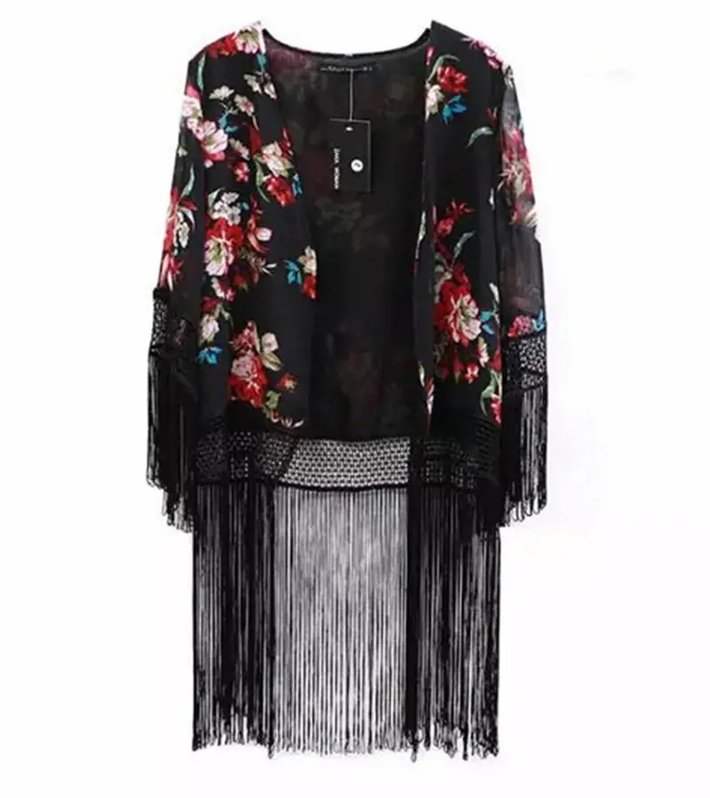 Retro Red Flower Print Tassel Chiffon Black Cardigan Kimono Blouse Women's Long Tassel Short Shirt Blouse Sunscreen Tops 1