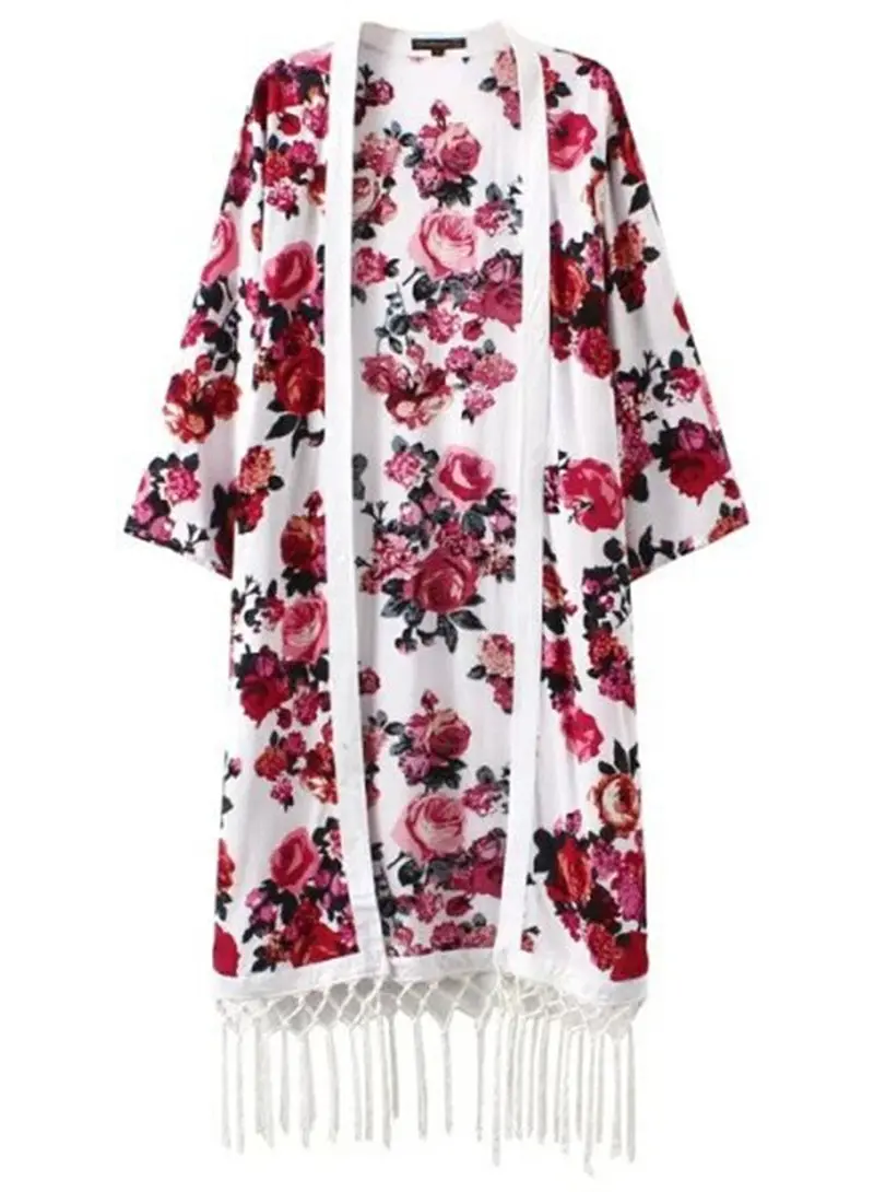 Retro Red Rose Flower Print V Neck White Extra Long Kimono Cardigan Shirt Women's Slim Long Sleeve Blouse Tops Shawl 1