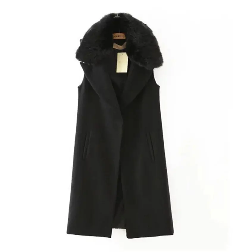 Retro Removable Faux Fur Wool Blend Mid Long Vest Women Notched Sleeveless Suit Loose Gilet Waistcoat Tops Black 1