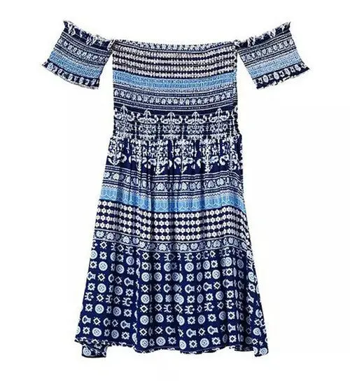 Retro Sexy Ethnic Floral Geometric Print Strapless Beach Dress Women's Off The Shoulder Pleated Mini Short Dresses Tops 1