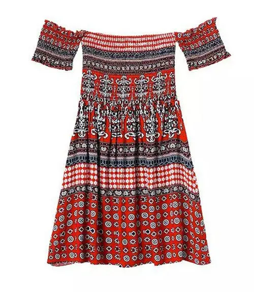 Retro Sexy Ethnic Floral Geometric Print Strapless Beach Dress Women's Off The Shoulder Pleated Mini Short Dresses Tops 4