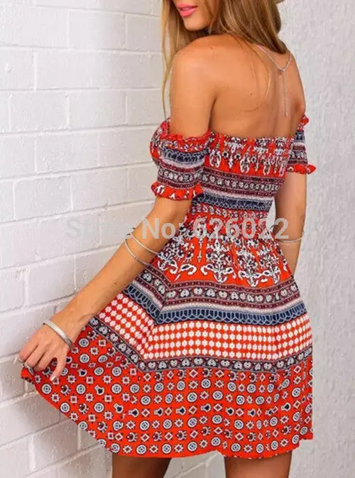 Retro Sexy Ethnic Floral Geometric Print Strapless Beach Dress Women's Off The Shoulder Pleated Mini Short Dresses Tops 4
