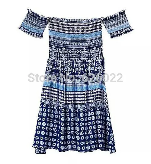 Retro Sexy Ethnic Floral Geometric Print Strapless Beach Dress Women's Off The Shoulder Pleated Mini Short Dresses Tops 6