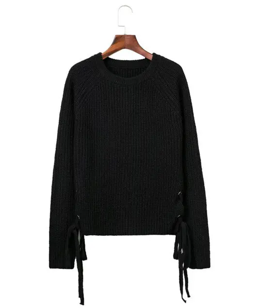 Retro Side Metal Hole Lacing Up Sweater Women O Neck Long Sleeve Pullover Knitwear Jumper Kleding Jerseis Mujer Femme 3 Clr 1