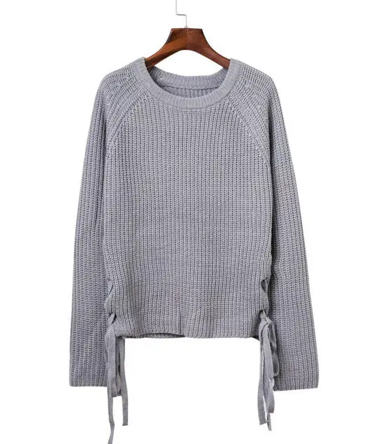 Retro Side Metal Hole Lacing Up Sweater Women O Neck Long Sleeve Pullover Knitwear Jumper Kleding Jerseis Mujer Femme 3 Clr 2