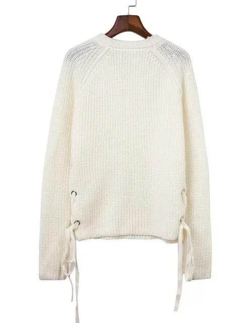 Retro Side Metal Hole Lacing Up Sweater Women O Neck Long Sleeve Pullover Knitwear Jumper Kleding Jerseis Mujer Femme 3 Clr 3