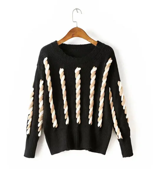 Retro Spliced Twist Rope Sweater Women O Neck Long Sleeve Knitwear Jumper Pullover Kleding Jerseis Mujer Femme 3 Colors 1