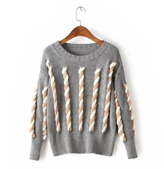 Retro Spliced Twist Rope Sweater Women O Neck Long Sleeve Knitwear Jumper Pullover Kleding Jerseis Mujer Femme 3 Colors 2