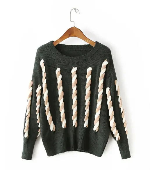 Retro Spliced Twist Rope Sweater Women O Neck Long Sleeve Knitwear Jumper Pullover Kleding Jerseis Mujer Femme 3 Colors 3
