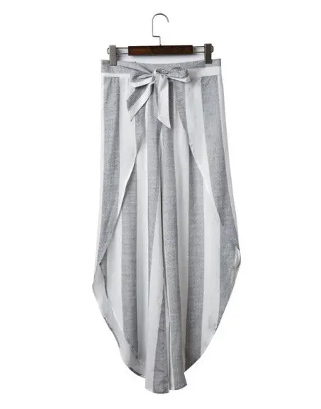Retro Striped Print Irregular Wide Leg Pants With Sashes Women Long Trousers Femme Casual Pants 1