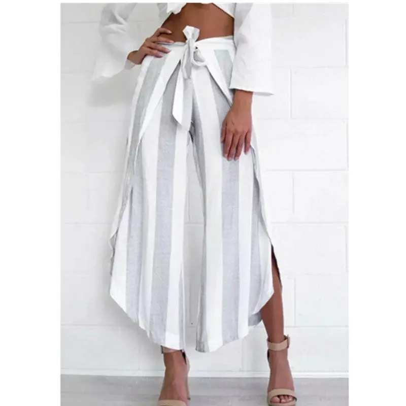 Retro Striped Print Irregular Wide Leg Pants With Sashes Women Long Trousers Femme Casual Pants 2