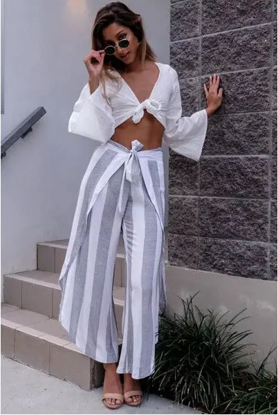 Retro Striped Print Irregular Wide Leg Pants With Sashes Women Long Trousers Femme Casual Pants 3