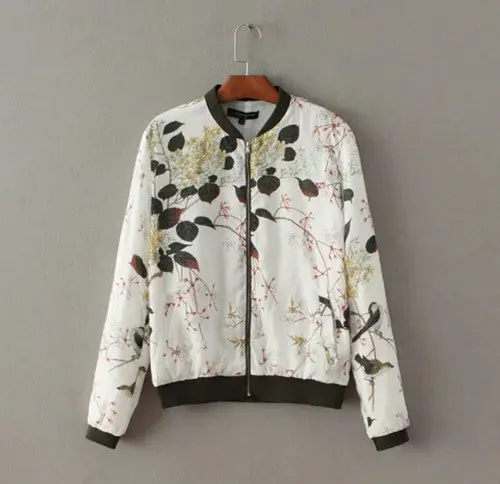 Retro Tree Leaves Print Jacket Women Contrast Color V Neck Zipper Casual Pilot Bomber Coat Tops Femme Outwear 1