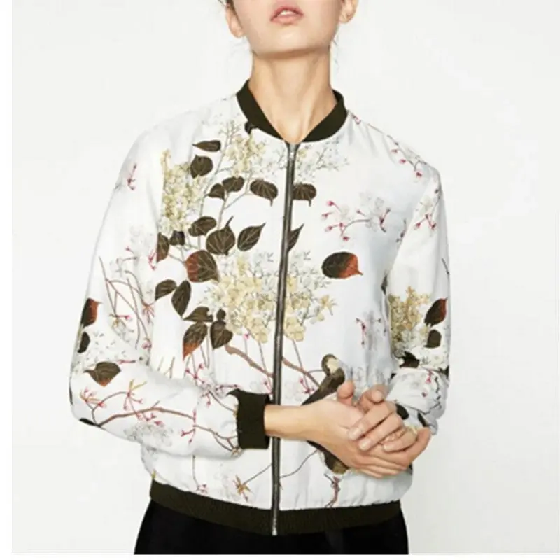 Retro Tree Leaves Print Jacket Women Contrast Color V Neck Zipper Casual Pilot Bomber Coat Tops Femme Outwear 2