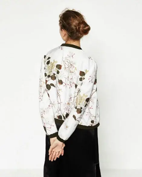 Retro Tree Leaves Print Jacket Women Contrast Color V Neck Zipper Casual Pilot Bomber Coat Tops Femme Outwear 3