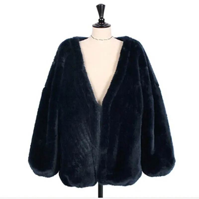 Retro V Neck Hairy Shaggy Faux Rabbit Fur Jackets Women Raglan Lantern Sleeve Loose Faux Fur Coat Outerwear 1