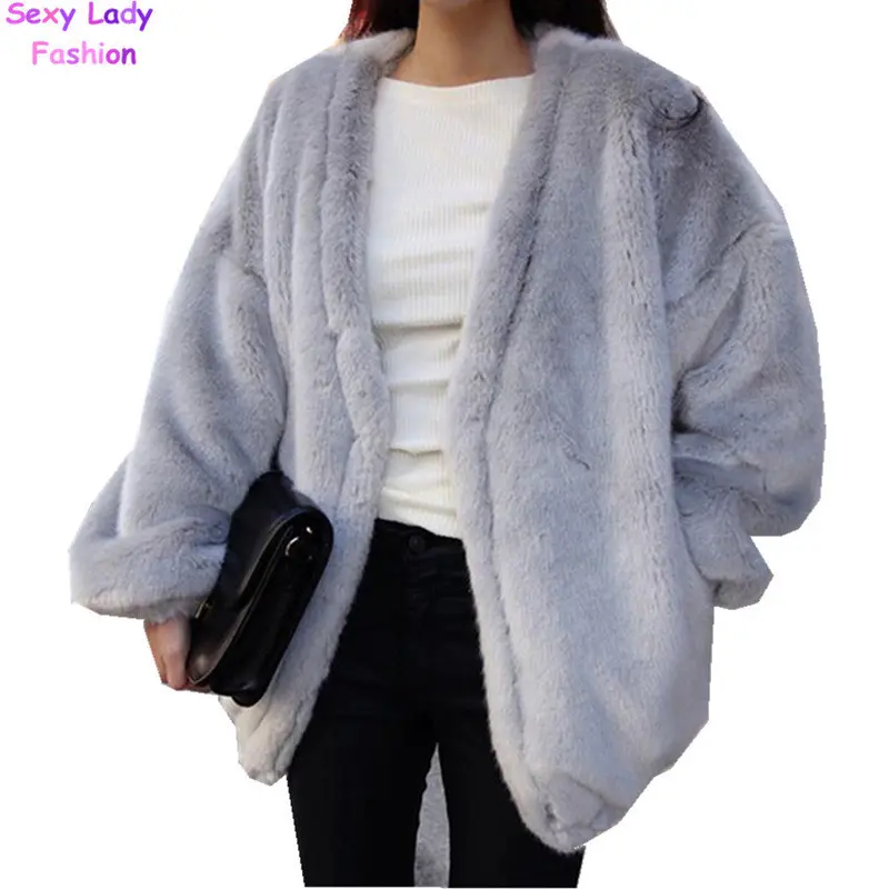 Retro V Neck Hairy Shaggy Faux Rabbit Fur Jackets Women Raglan Lantern Sleeve Loose Faux Fur Coat Outerwear 3