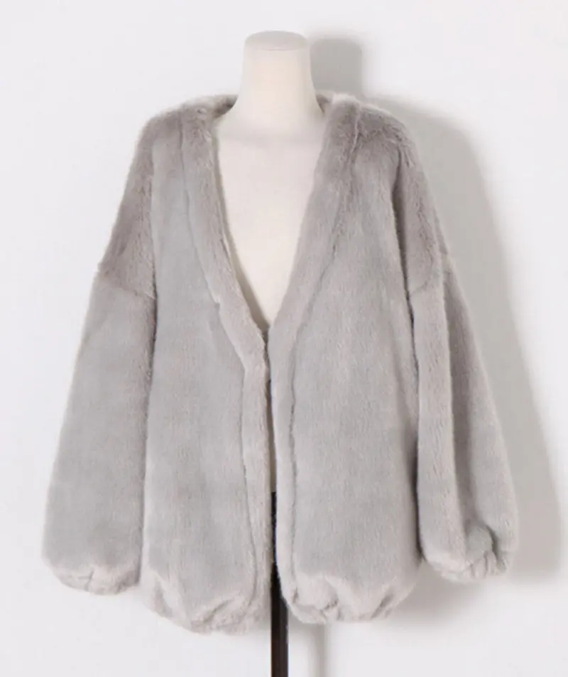 Retro V Neck Hairy Shaggy Faux Rabbit Fur Jackets Women Raglan Lantern Sleeve Loose Faux Fur Coat Outerwear 5