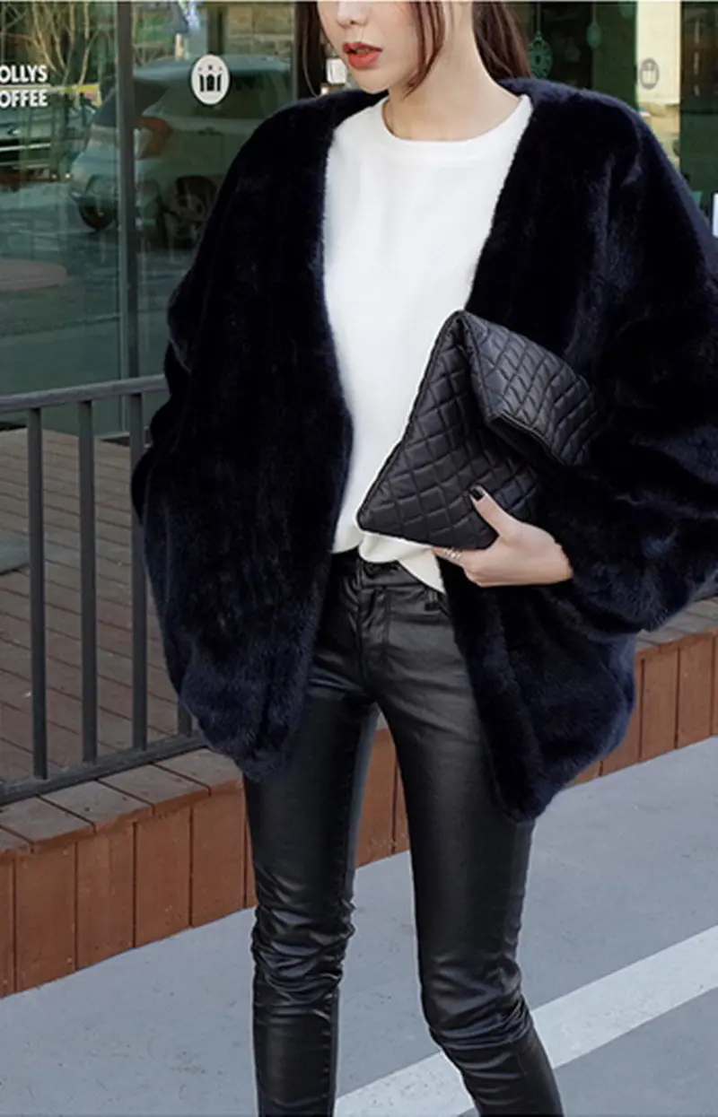 Retro V Neck Hairy Shaggy Faux Rabbit Fur Jackets Women Raglan Lantern Sleeve Loose Faux Fur Coat Outerwear 6