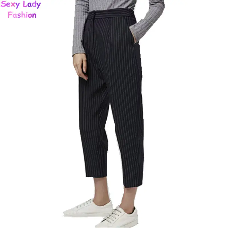 Retro Vertical Stripe Harem Pants Women Vintage Ankle Length Tapered Trousers Femme Casual Pants  S M L 1