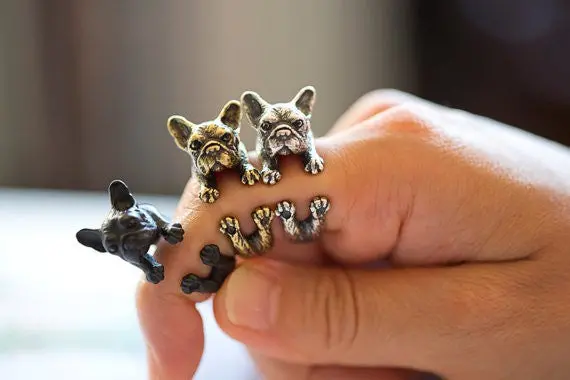 Retro Vintage French Bulldog Rings Black Cute Animal Rings 3D Adjustable Dog Ring 1