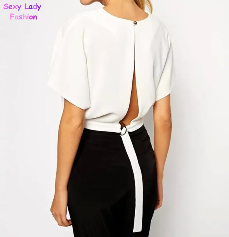 Retro White Color Backless Buckle Hem O-Neck Shirt Women's Sexy Short Sleeve Blouse Vest Tee Tops 2