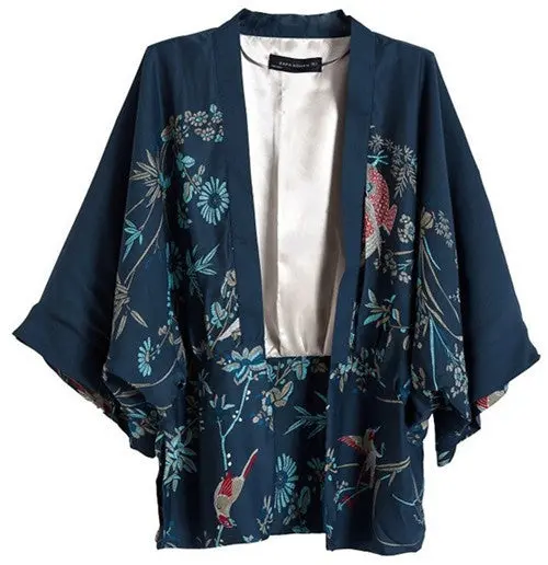 Retro Women Navy Floral Love Bird / Phoenix Print Crop Sleeve Chiffon Kimono Tee T-Shirt Tops 1