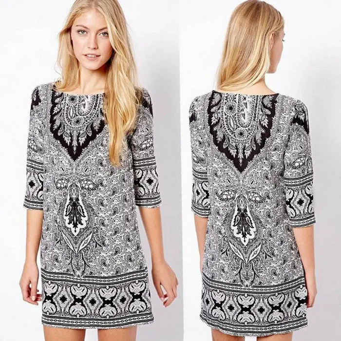 Retro Women Vestido Bohemian Women Totem Floral Print Slim Short Dresses Casual Girl Autumu Dress 1