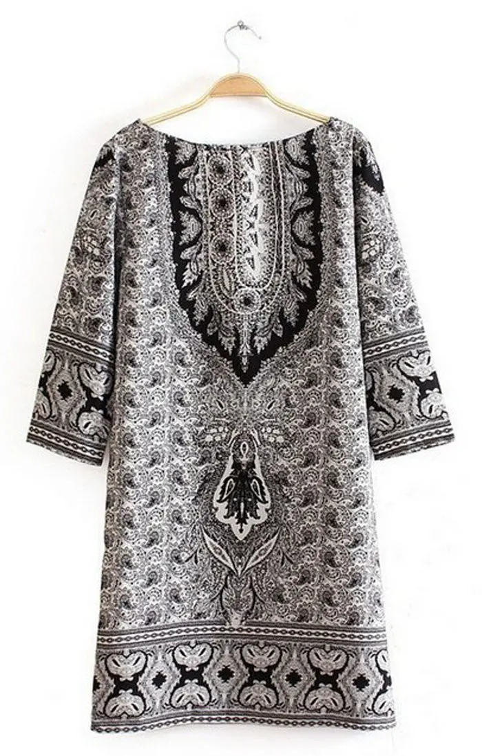 Retro Women Vestido Bohemian Women Totem Floral Print Slim Short Dresses Casual Girl Autumu Dress 2