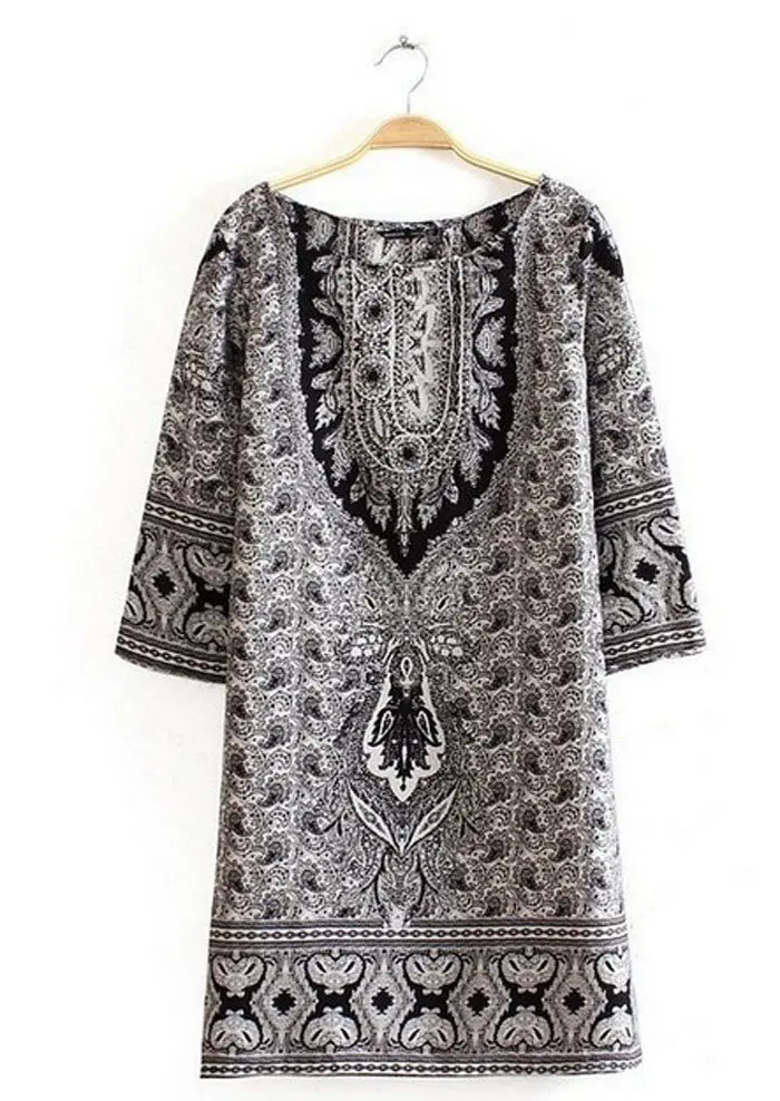 Retro Women Vestido Bohemian Women Totem Floral Print Slim Short Dresses Casual Girl Autumu Dress 3