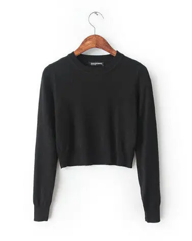 Retro Women's American Apparel Streetwear Blogger Short Sweater Crew Neck Knitted Pullover Short Sweater Slim Knitwear Tops 1