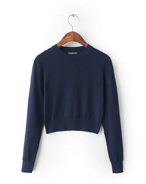 Retro Women's American Apparel Streetwear Blogger Short Sweater Crew Neck Knitted Pullover Short Sweater Slim Knitwear Tops 3