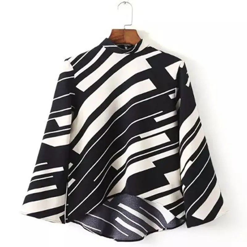 Retro Zebra Striped Print Stand Collar Pullover Shirt Women Black White Printted Asymmetry Hem Blouse Tops Femme S M L 1