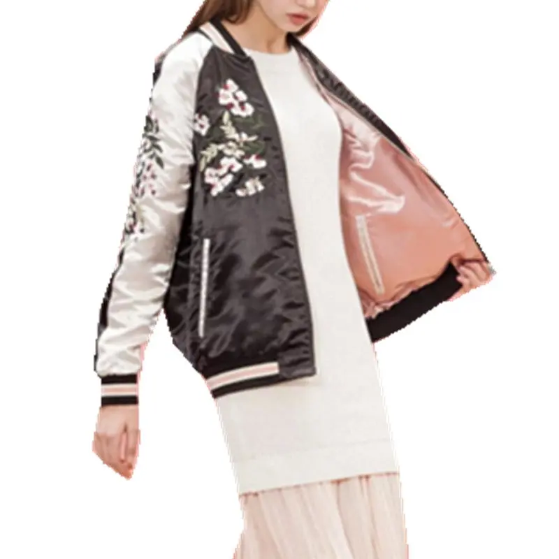 Reversible Coat Embroidery Flower Phoenix Bird Short Jacket Women Contrast Sleeve Bomber Jacket Coat Pilots Outerwear 1