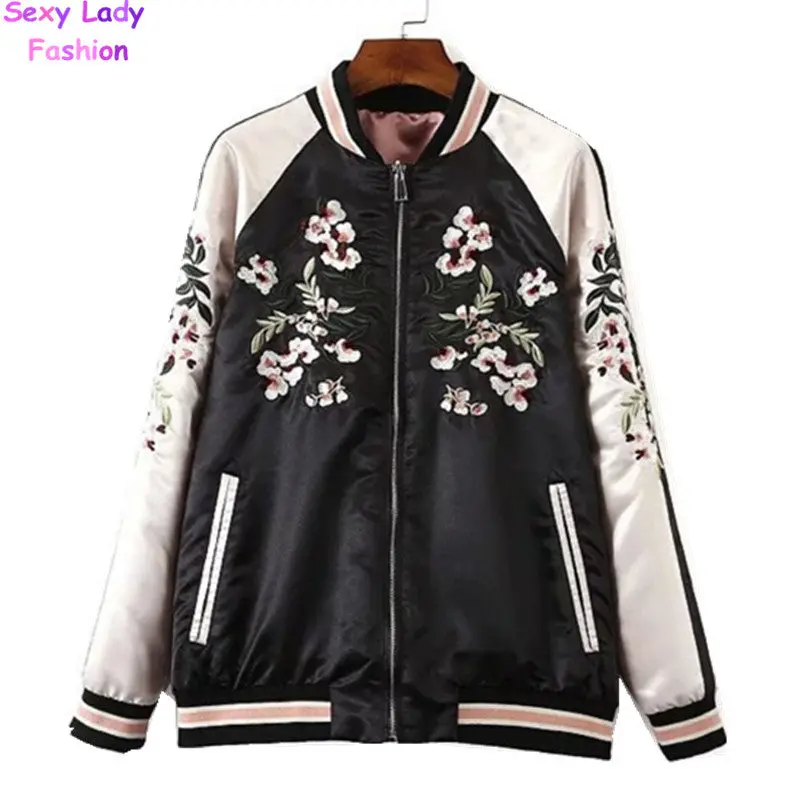 Reversible Coat Embroidery Flower Phoenix Bird Short Jacket Women Contrast Sleeve Bomber Jacket Coat Pilots Outerwear 2