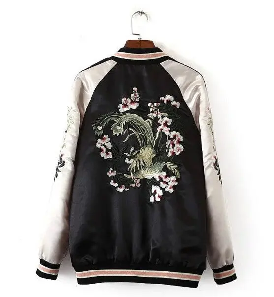 Reversible Coat Embroidery Flower Phoenix Bird Short Jacket Women Contrast Sleeve Bomber Jacket Coat Pilots Outerwear 5