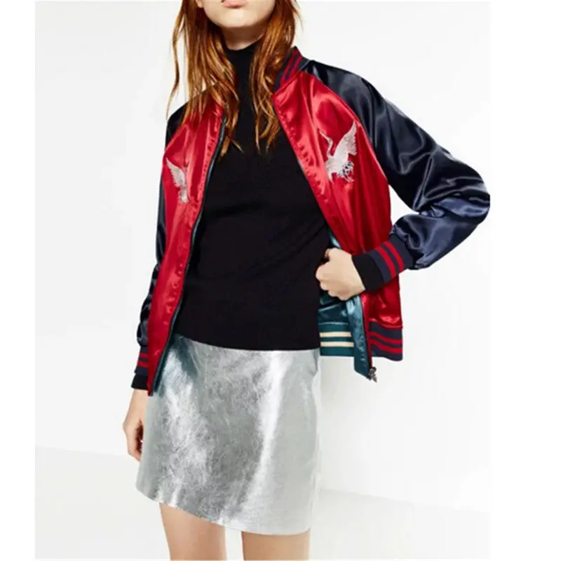 Reversible Coat Floral Crane Embroidery Jacket Women Stand Collar Contrast Color Bomber Jacket Coat Pilots Outerwear 3