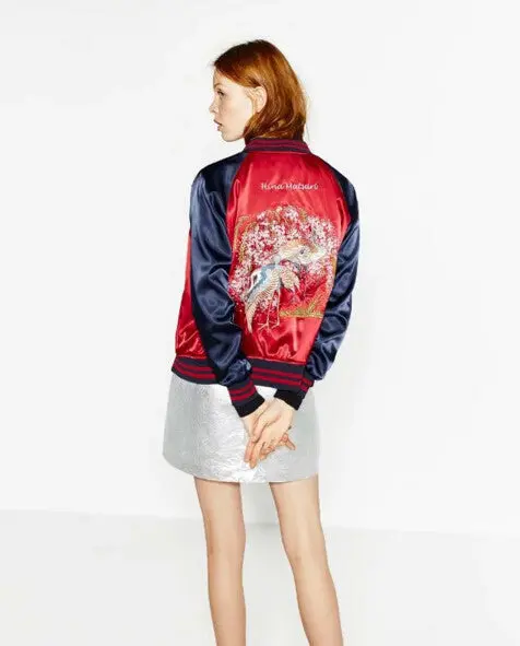 Reversible Coat Floral Crane Embroidery Jacket Women Stand Collar Contrast Color Bomber Jacket Coat Pilots Outerwear 4