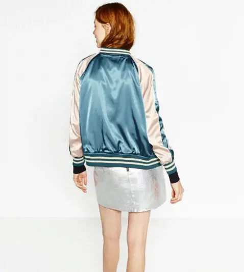 Reversible Coat Floral Crane Embroidery Jacket Women Stand Collar Contrast Color Bomber Jacket Coat Pilots Outerwear 5