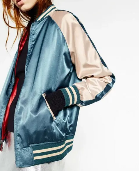 Reversible Coat Floral Crane Embroidery Jacket Women Stand Collar Contrast Color Bomber Jacket Coat Pilots Outerwear 6