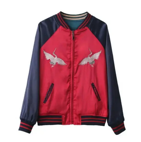 Reversible Coat Floral Crane Embroidery Jacket Women Stand Collar Contrast Color Bomber Jacket Coat Pilots Outerwear 7