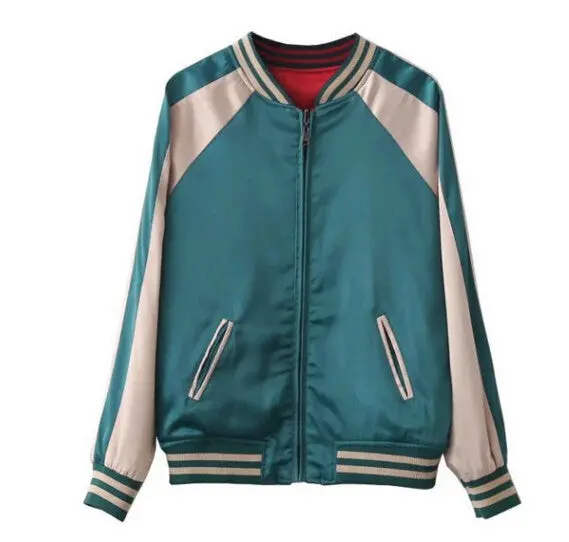 Reversible Coat Floral Crane Embroidery Jacket Women Stand Collar Contrast Color Bomber Jacket Coat Pilots Outerwear 8