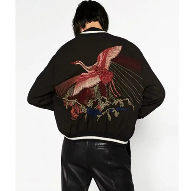 Reversible Coat Flying Crane Embroidery Jacket Women Stand Collar Contrast Color Bomber Jacket Coat Pilots Outerwear 3
