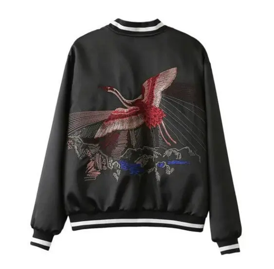 Reversible Coat Flying Crane Embroidery Jacket Women Stand Collar Contrast Color Bomber Jacket Coat Pilots Outerwear 5